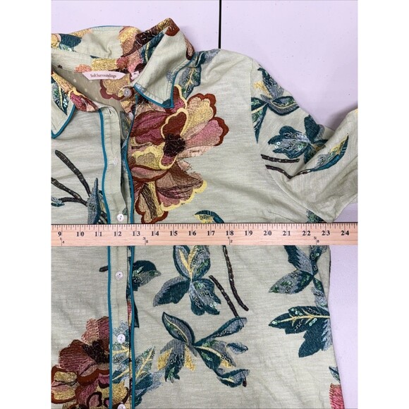 SOFT SURROUNDINGS Womens Elena Tunic XL Green Floral Button Top Boho Blouse - Picture 8 of 13